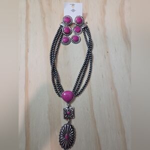 Western Pink Turquoise Necklace & Earrings Set Southwestern Boho Cowgirl Jewelry